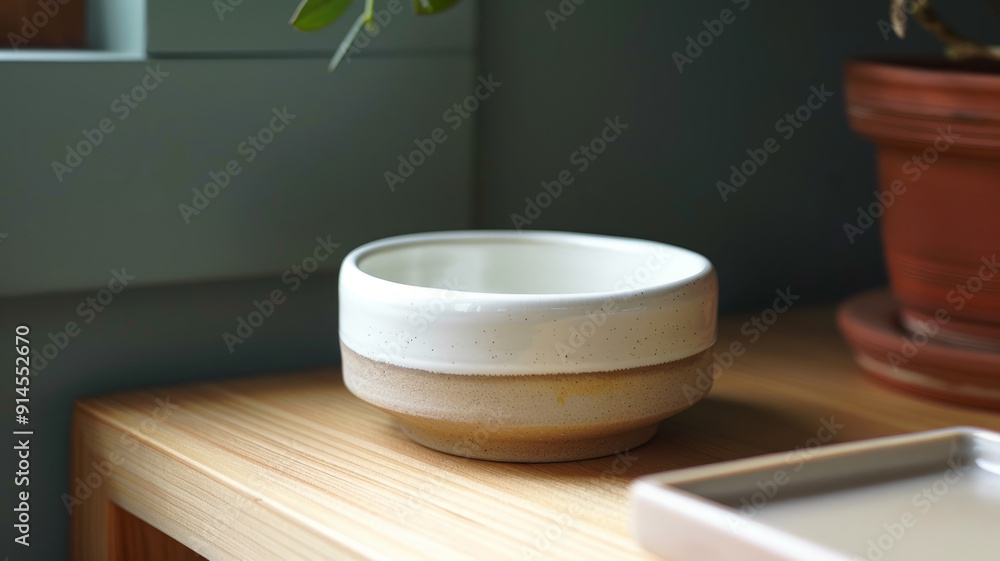 Handcrafted ceramic bowl on a wooden surface Handcrafted ceramic bowl on a wooden surface