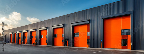 A row of modern warehouse buildings with orange doors, set against the blue sky on an empty parking lot.