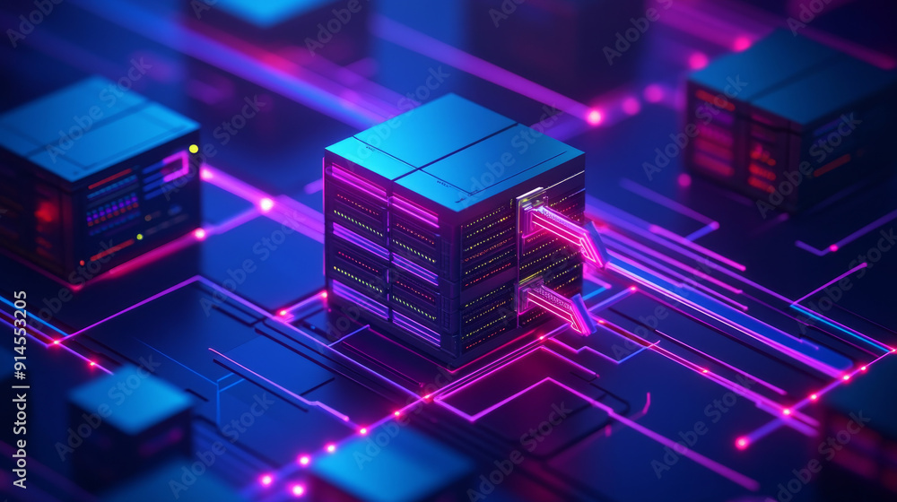 A three-dimensional illustration of a server with an arrow pointing from it shows where the data is being sent. A three-dimensional illustration of a server with an arrow pointing from it shows where the data is being sent.