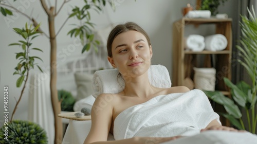 A woman is laying on a white towel in a room with a potted plant