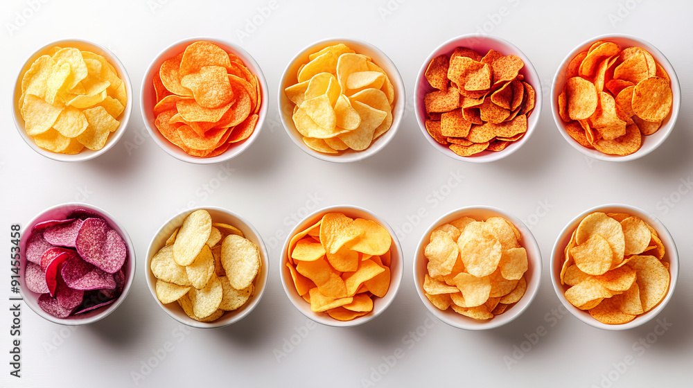 An array of colorful potato chips in bowls sits isolated on a white backdrop, seen from above. An array of colorful potato chips in bowls sits isolated on a white backdrop, seen from above.
