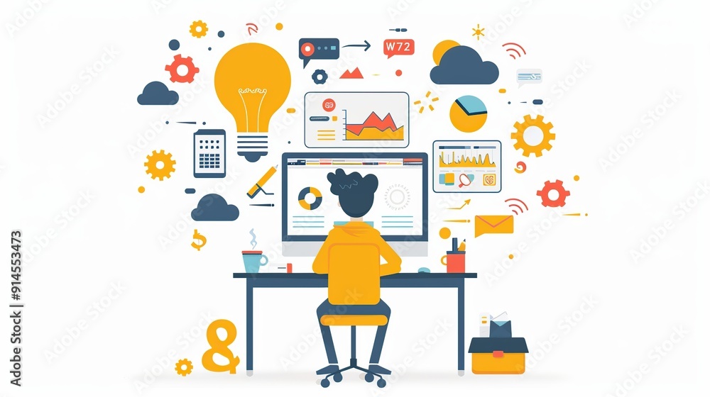 Person Working on Computer with Data and Ideas Person Working on Computer with Data and Ideas