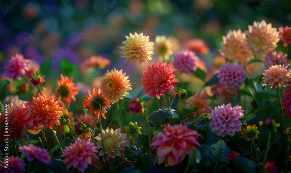 Dahlias in a garden, displaying diverse colors and varieties Dahlias in a garden, displaying diverse colors and varieties