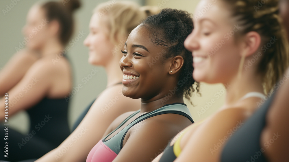 a group of smiling diverse ethnic african american and caucasian women enjoying their pilatesclass in a gym a group of smiling diverse ethnic african american and caucasian women enjoying their pilatesclass in a gym