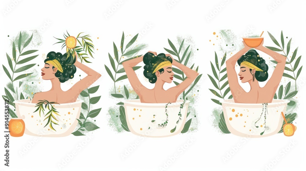 Naklejka premium Design set of three hand drawn modern illustrations. Spa natural treatments, diy cosmetics, bathing, eco, relax concept. Set of three hand drawn modern illustrations.