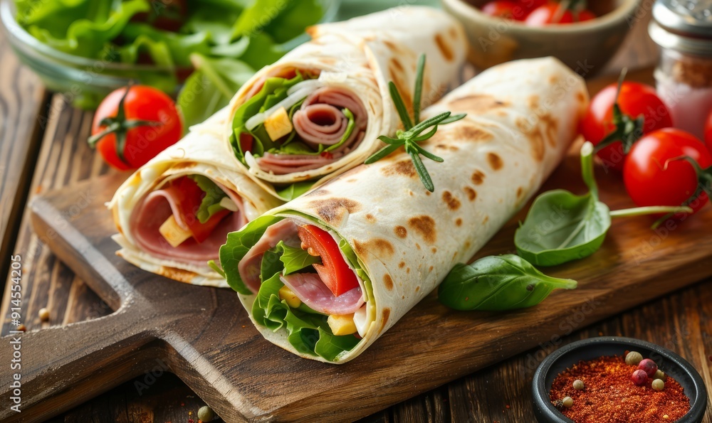 Delicious and Healthy Tortilla Wrap with Ham Vegetables and Cheese Delicious and Healthy Tortilla Wrap with Ham Vegetables and Cheese