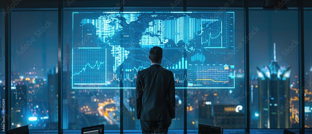 A businessman stands in front of a large screen displaying global data and a city skyline.