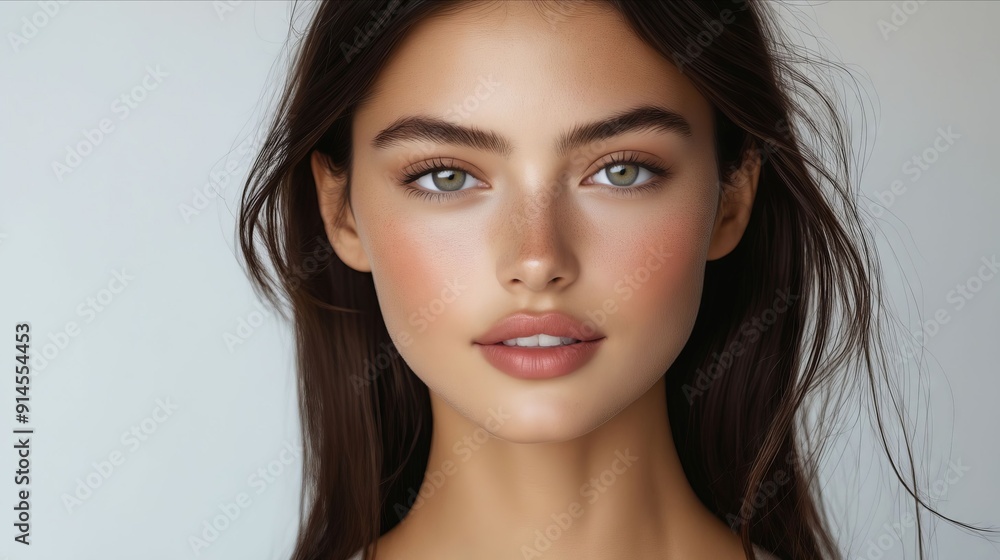 Obraz premium A woman with long brown hair and blue eyes