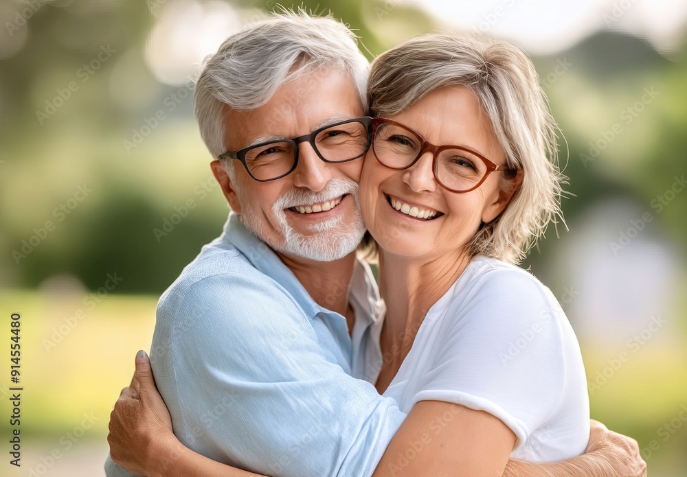 A man and woman wearing glasses hugging each other in a park A man and woman wearing glasses hugging each other in a park