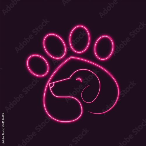 Neon dog. Pet love. Dog love. Line art. Glowing neon line. Paw with dog. Isolated on black background. Puppy paw print. Dog - friend of human. Love to the animals. Paw print. Pet affection. Canine.
