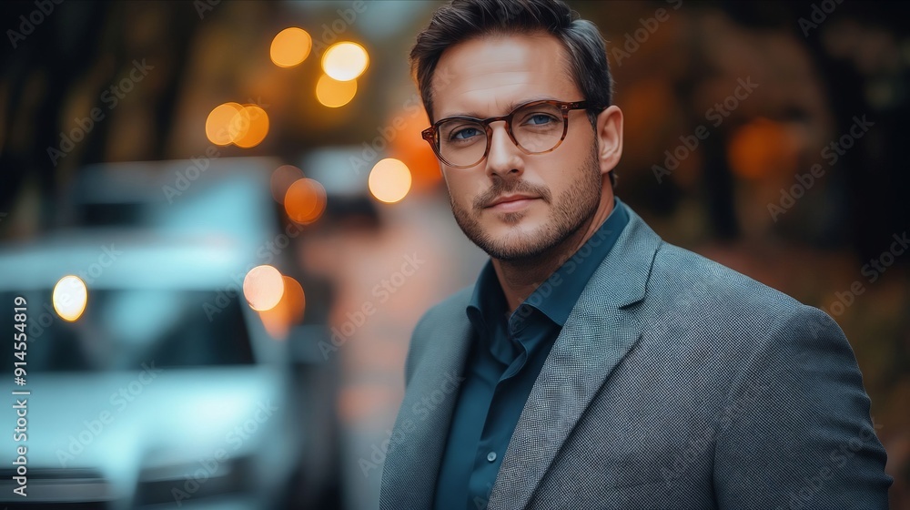 A man in a suit and glasses standing in front of a car A man in a suit and glasses standing in front of a car