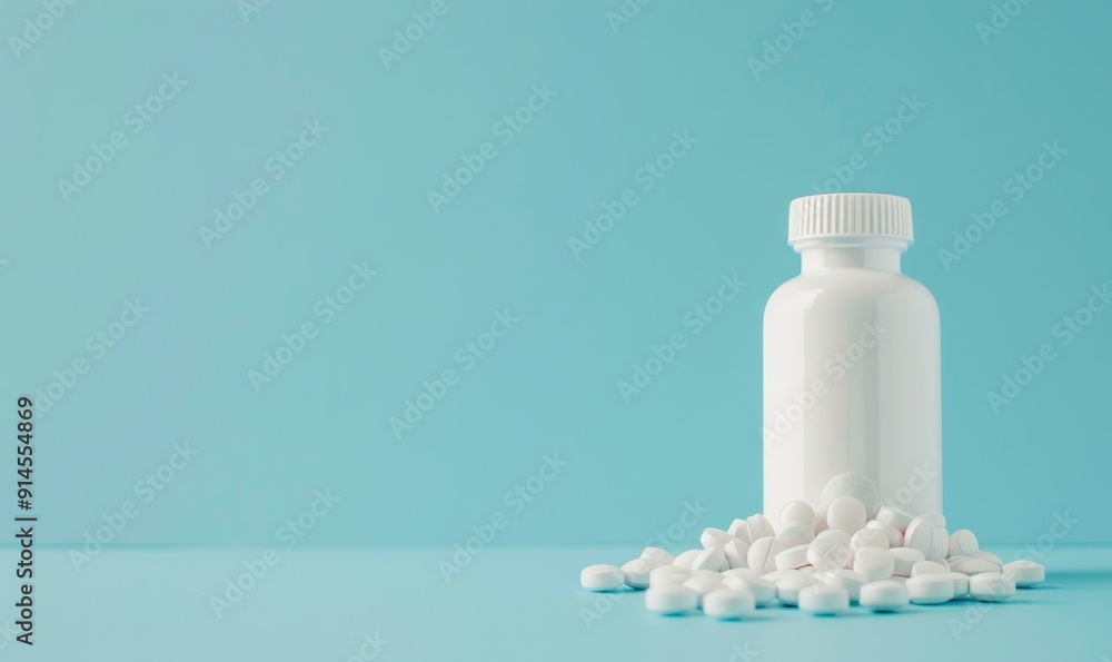 Pills in white bottle on blue background with space for text Health remedy in container Medical theme Wide banner Pills in white bottle on blue background with space for text Health remedy in container Medical theme Wide banner