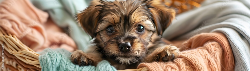 Close-up of an adorable brown puppy nestled in colorful blankets, showcasing its sweet expression and tiny features. Close-up of an adorable brown puppy nestled in colorful blankets, showcasing its sweet expression and tiny features.