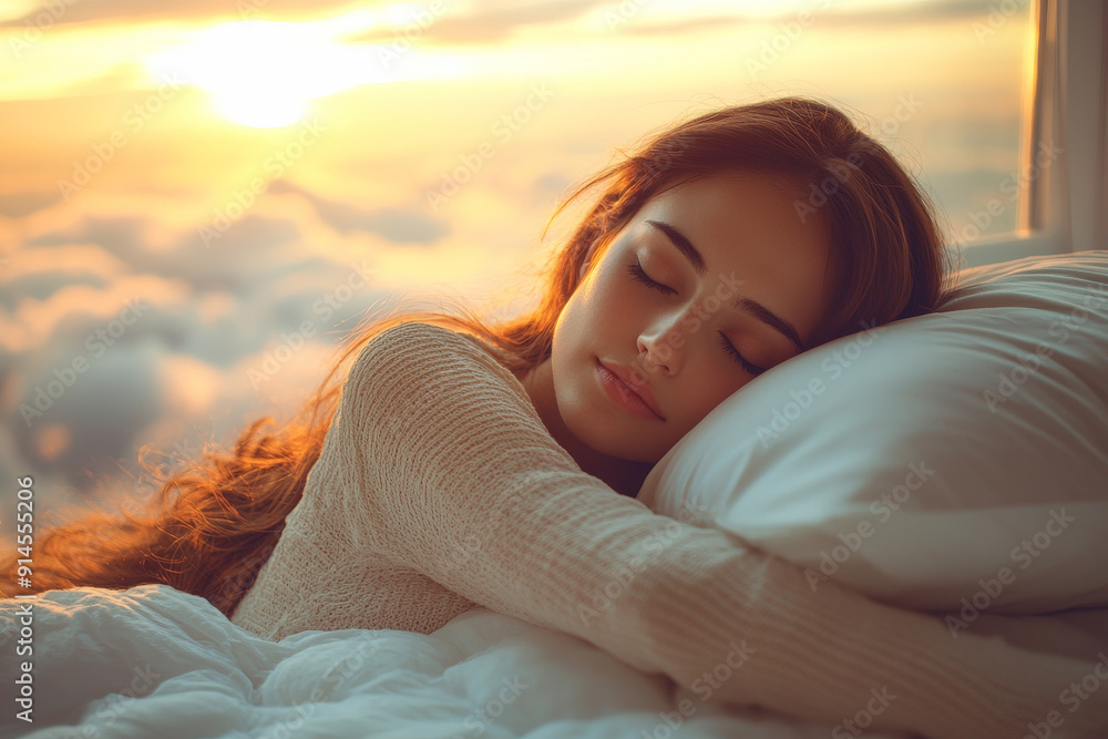 A Beautiful Woman Sleeping on a Cloud Above a Tranquil Landscape at Sunset.