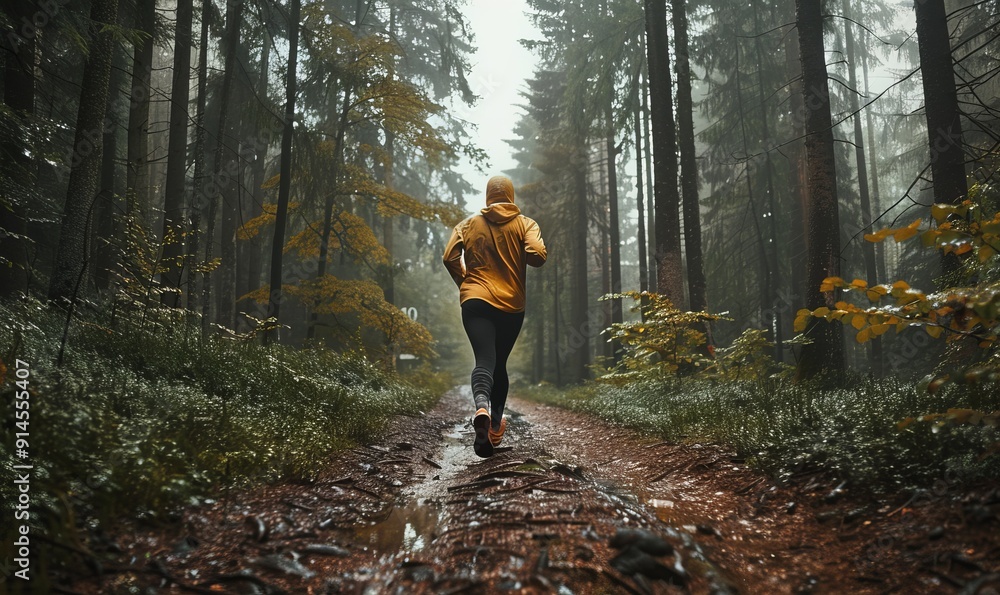 Runner on a forest trail, dynamic and determined, showcasing endurance Runner on a forest trail, dynamic and determined, showcasing endurance