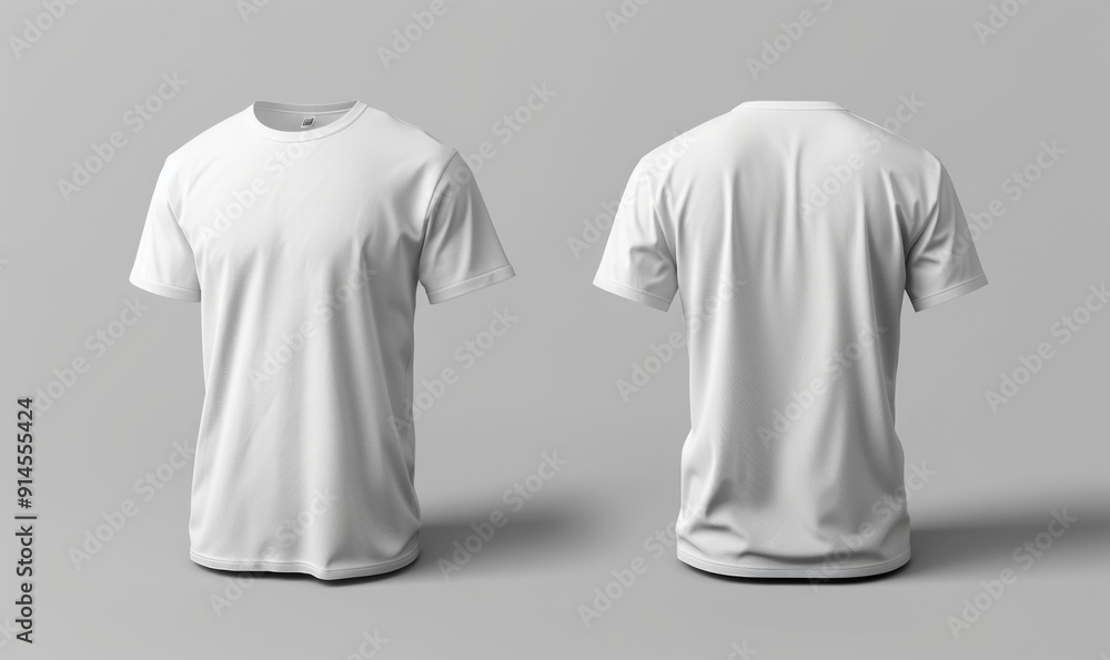 Two white blank t-shirts, front and back view, on a clean background, ideal for branding mockup. Two white blank t-shirts, front and back view, on a clean background, ideal for branding mockup.