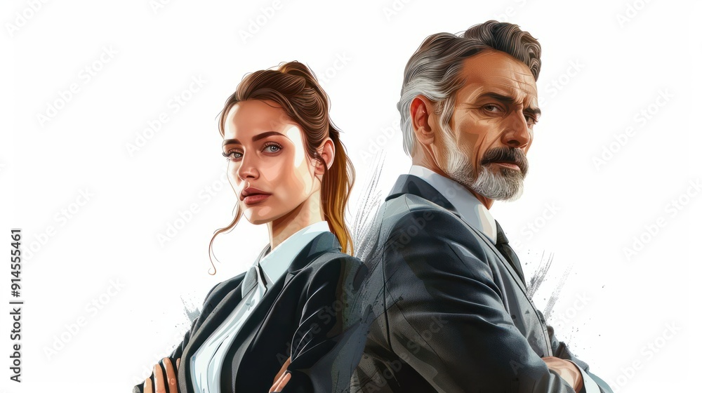Male and female businessmen, white background Male and female businessmen, white background