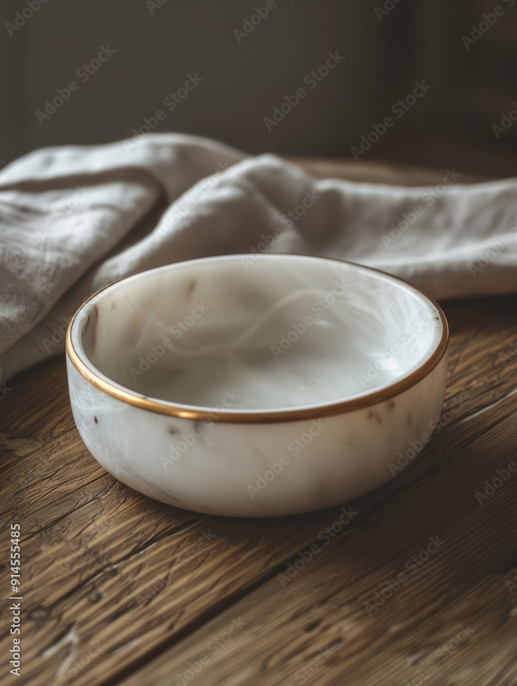 Marble ceramic bowl on rustic wooden table with cloth. Marble ceramic bowl on rustic wooden table with cloth.