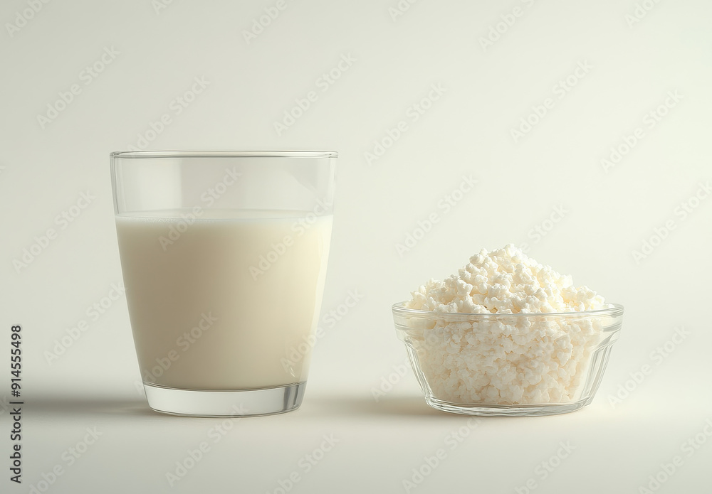A clear glass of milk paired with a bowl of fresh cottage cheese on a plain white backdrop, signifying wholesome dairy nutrition in a simple, clean presentation. A clear glass of milk paired with a bowl of fresh cottage cheese on a plain white backdrop, signifying wholesome dairy nutrition in a simple, clean presentation.