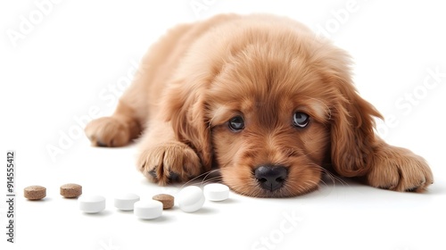 Adorable puppy lying down, gazing at the camera with puppy eyes, with scattered pills around on a white background.