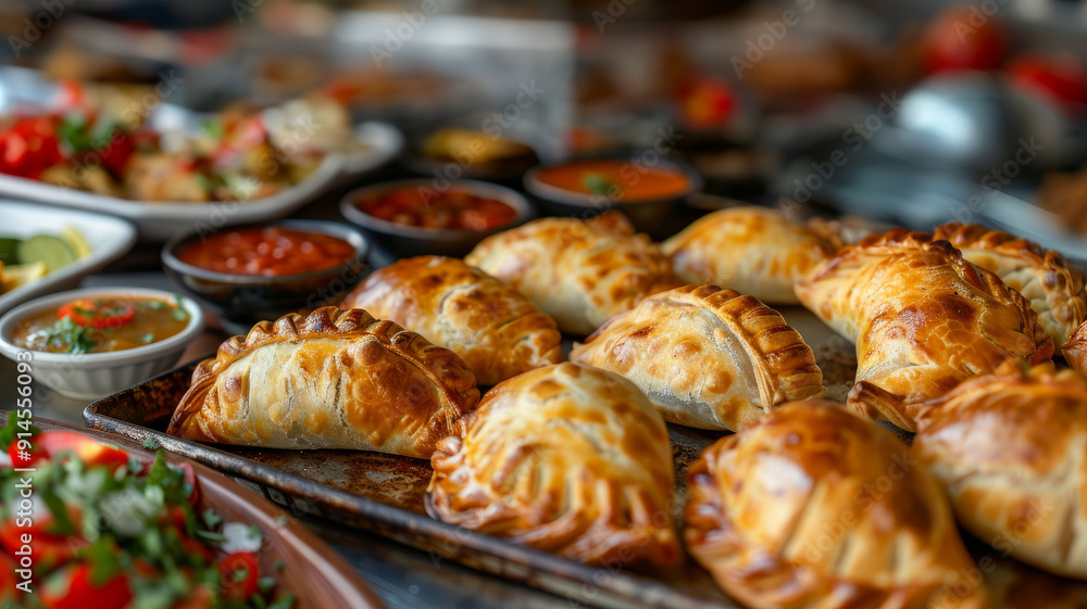 Assorted empanadas and other dishes on a table. Assorted empanadas and other dishes on a table.