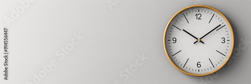 Round Wall Clock on White Background. Long Banner with Copy Space