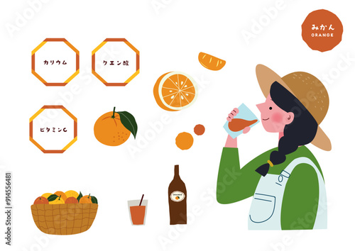 オレンジジュースを飲む女の子とみかんの栄養素の挿絵セット