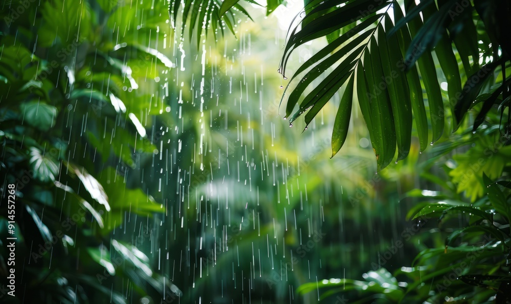 Rain in the rainforest: rain drops fall from the lush foliage of the rainforest, filling the air with the freshness and fragrance of greenery Rain in the rainforest: rain drops fall from the lush foliage of the rainforest, filling the air with the freshness and fragrance of greenery