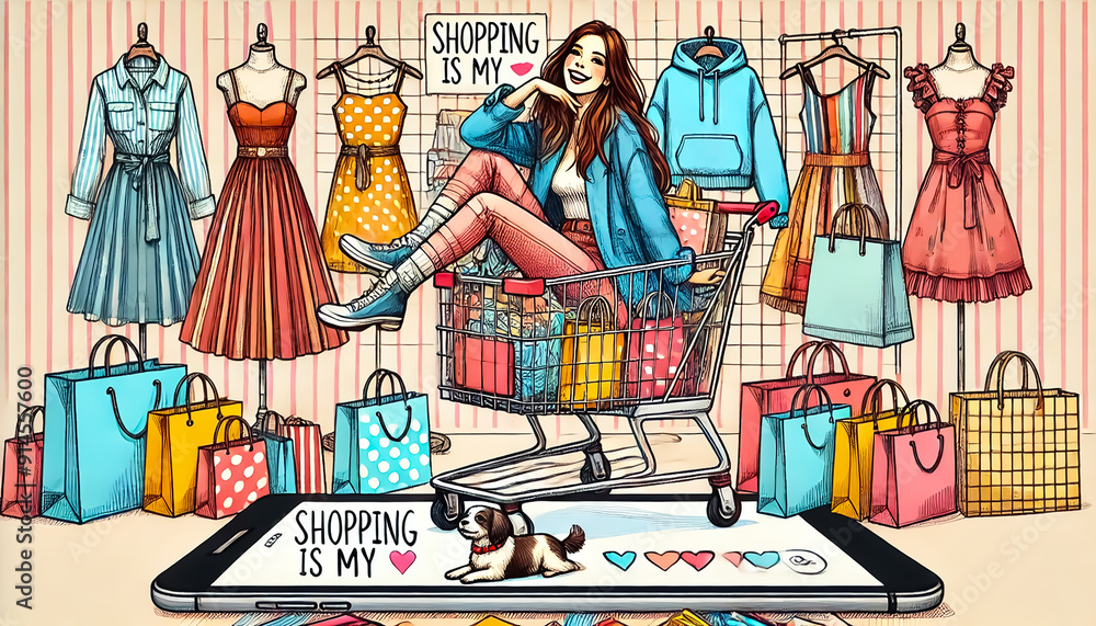 Obraz premium A woman in a shopping cart and shopping themes for black friday
