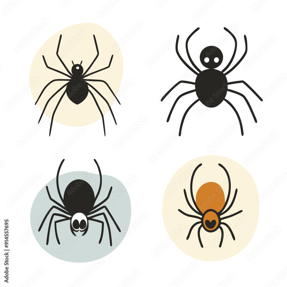 4 pcs set of spider vecor art illustration, isolated white background