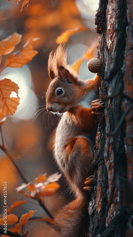 Squirrel with acorn, autumn tree, playful, cute, nature Squirrel with acorn, autumn tree, playful, cute, nature