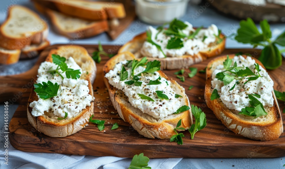 Delicious ricotta toasts served on wooden board Delicious ricotta toasts served on wooden board