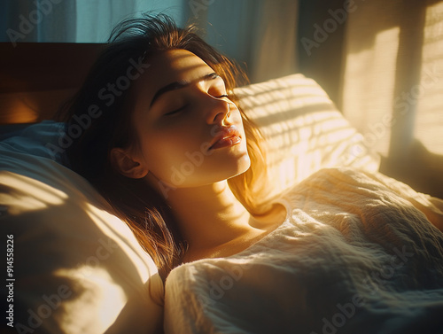 With an alarm clock in the background, a woman wakes up. Morning light fills room, signaling the start of new day. Perfect for themes of morning routines, new beginnings. Ideal for morning content. 