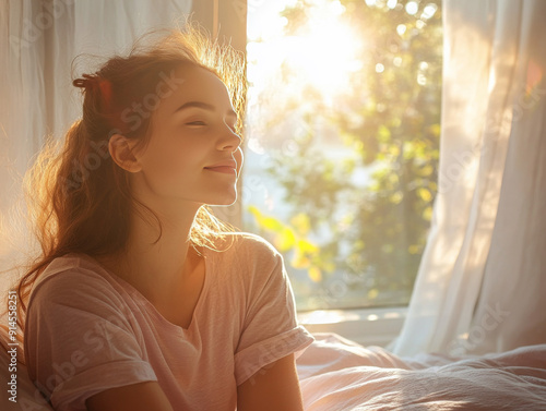 With an alarm clock in the background, a woman wakes up. Morning light fills room, signaling the start of new day. Perfect for themes of morning routines, new beginnings. Ideal for morning content.