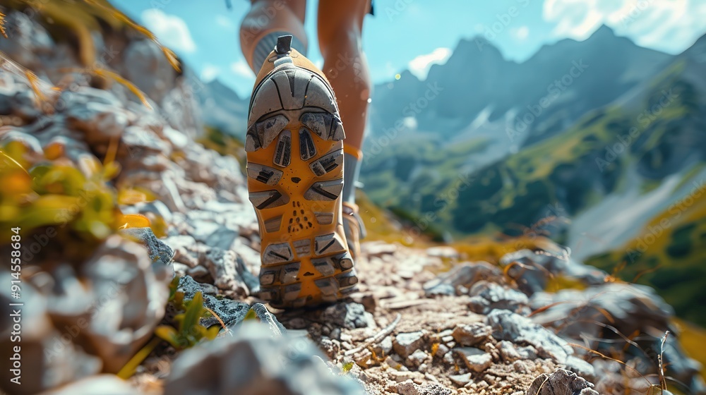 Hiking in the mountains. Male legs with sports shoes and backpack running on a trail mountain Hiking in the mountains. Male legs with sports shoes and backpack running on a trail mountain
