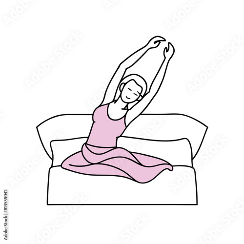 a woman stretching in bed after waking up fill with solid color illustration, isolated white background