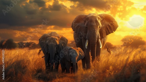 A family of elephants walking across a savannah at sunset, showcasing the bond between generations in the animal kingdom. photo