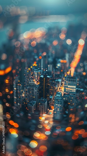 Urban cityscape with grain, deep vignette, blurred lights