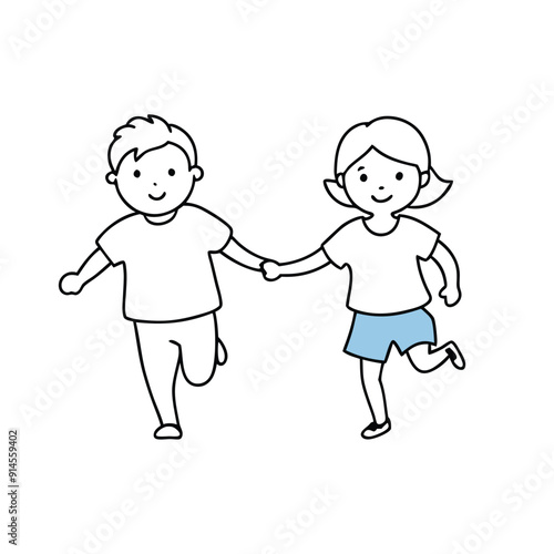 girl and boy running hand in hand vector art illustration 