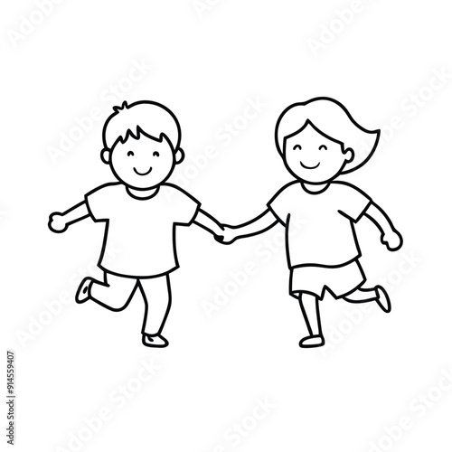 girl and boy running hand in hand vector art illustration 