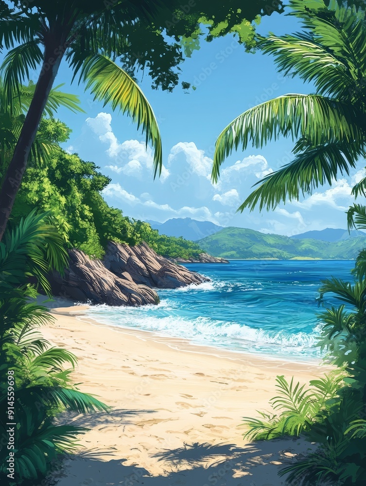 Fototapeta premium Tranquil Beach with Lush Palm Trees