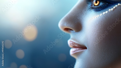 a woman with a blue eye and gold glitters on her face photo