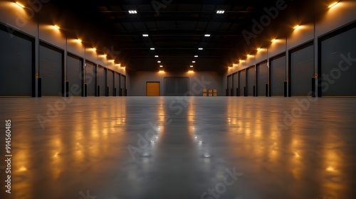 LED-lit warehouse interior, industrial structure, retail distribution center, portion of storage and shipping system