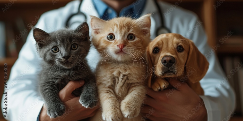 Veterinarian Caring for Puppy and Kittens in Clinic Veterinarian Caring for Puppy and Kittens in Clinic