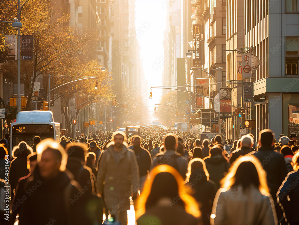 A Crowd of People Walking on a City Street at Sunset. A Crowd of People Walking on a City Street at Sunset.
