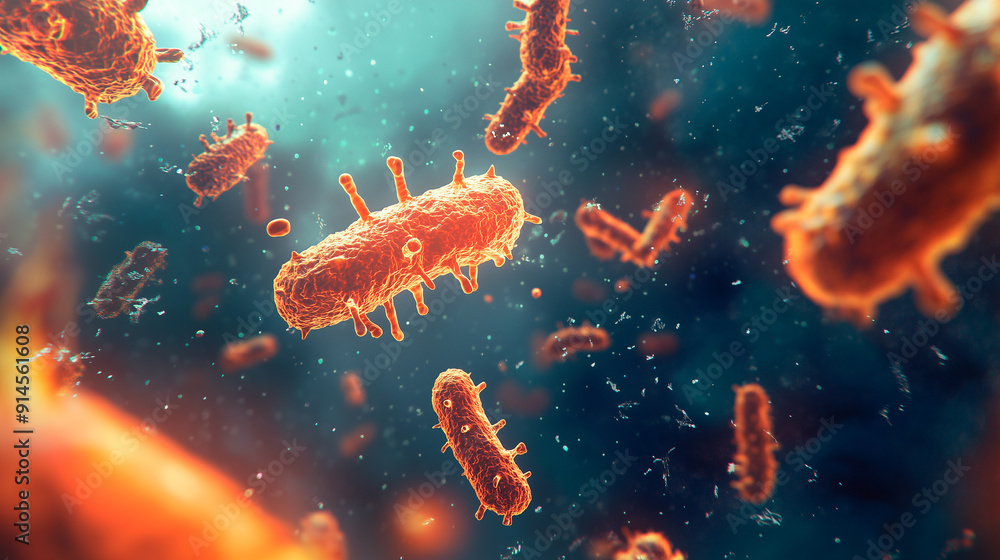This image shows bacteria in an enlarged scale, creating an impression of their active movement and vitality. The visualization highlights vibrant red and orange colors, symbolizing infection This image shows bacteria in an enlarged scale, creating an impression of their active movement and vitality. The visualization highlights vibrant red and orange colors, symbolizing infection