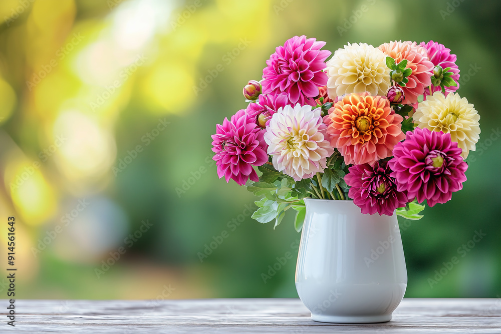 Colorful dahlia flowers in a white ceramic vase on a wooden table against a blurred background of nature Colorful dahlia flowers in a white ceramic vase on a wooden table against a blurred background of nature