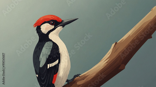 Detailed Illustration of a Woodpecker with Red Crest Perched on a Branch Against a Green Background photo