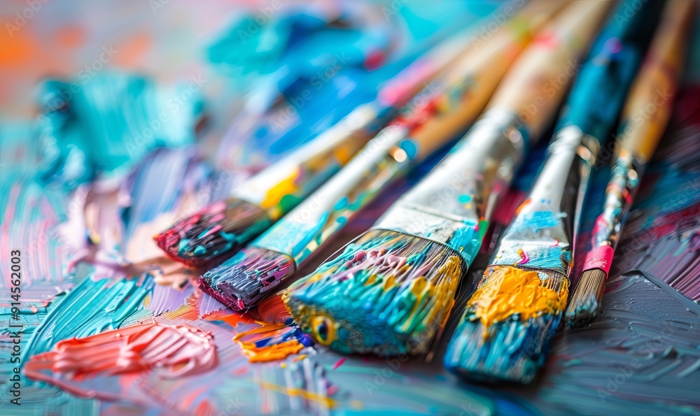 close up pf paint brushes with colourful paint palette behind close up pf paint brushes with colourful paint palette behind
