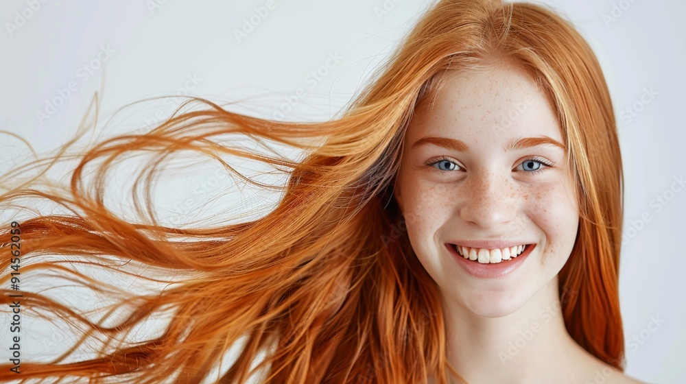 Fototapeta premium Smiling woman with flowing hair in wind against white background, conveying joy and freedom
